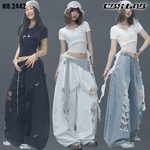 【4時間限定2,094円割引 6,980円→4,886円】 【CBX LAB】ダメージ デニム パンツ レディース 薄手 ホワイト ブラック ライトブルー ダンス 衣装 ワイドパンツ パンツ 秋 春 夏 練習着 レッスン着 ストリート ヒップホップ ガールズ