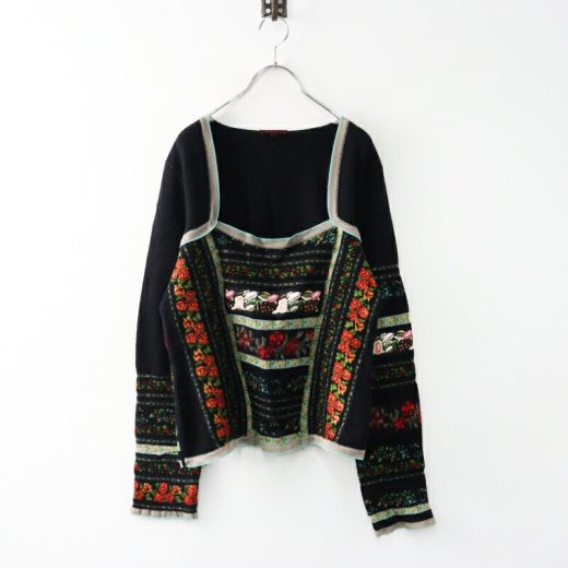 イタリア製 ケンゾー KENZO ビンテージ フラワー刺繍 ウール混 スクエアネック ニットトップス L ブラック/花柄【2400014444803】【中古】