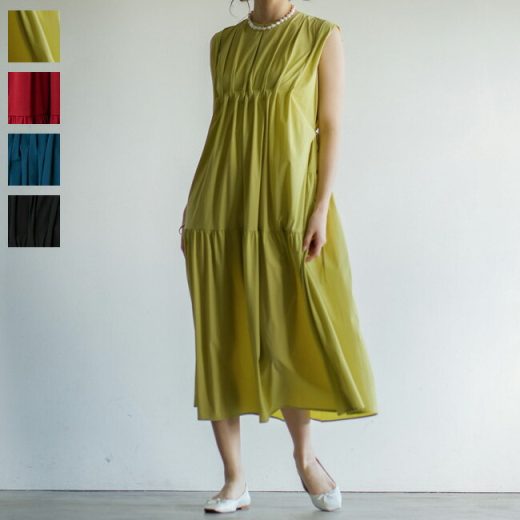 ラリアムー Lallia Mu タックスリーブ ギャザー ドレス 【ブラック ブルー レッド ライム ワンピース ワンピ ロングワンピ レディース ノースリーブ 春 夏 無地 クルーネック 軽量 洗える ポケット付き 速乾 服 】2512320【正規取扱店】
