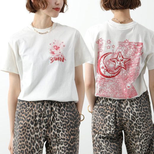 GANNI ガニー 半袖 Tシャツ Basic Jersey Celestial Poster Relaxed T-shirt T4063 レディース ロゴT カットソー コットン 刺繍 クルーネック 135/Egret【dc_kikaku】