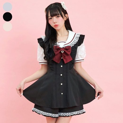 レースセーラー襟半袖セットアップ4/25 12:00 新色販売スタート3/29 12:00 販売スタートsecrethoney　シークレットハニー　シーハニ　量産型　レディース　ガーリー　半袖　無地　グレー　ブラック　黒　ピンク