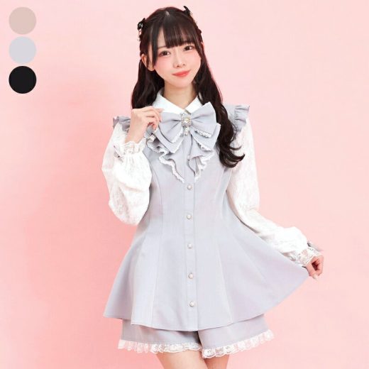 レース袖ラッフルセットアップ3/22 12:00 クロ再入荷3/19 12:00 クロ再入荷1/24 12:00 グレー・クロ再入荷secrethoney　シークレットハニー　シーハニ　量産型　レディース　ガーリー　長袖　無地　ピンク　グレー　ブラック　黒