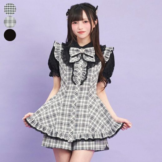 裾フリルレースヨークセットアップ5/2 12:00 販売スタートsecrethoney　シークレットハニー　シーハニ　量産型　レディース　ガーリー　半袖　無地　チェック　ブラック　黒