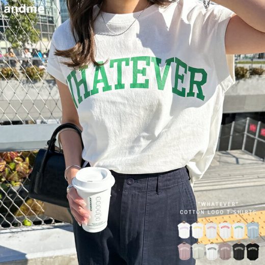 WHATEVER ロゴ プリント フレンチスリーブ Tシャツ レディース トップス 半袖トップス ロゴtシャツ カットソー tシャツ 体型カバー 二の腕カバー ゆったり オーバーサイズ 半袖 ノースリーブ 薄手 ロゴプリント 綿 コットン カジュアル 春夏 春 夏