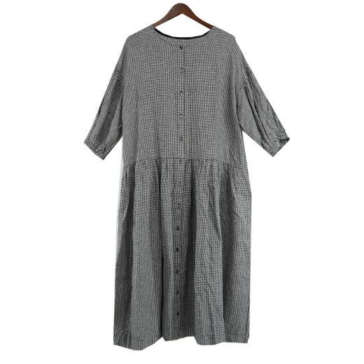 【中古】nest Robe　リネン ギンガムチェックバルーンスリーブワンピース ブラック×ホワイト サイズ：F 【220625】（ネストローブ）
