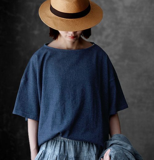 【送料無料】Joie de Vivre コットン天竺編みインディゴ・硫化染めドロップショルダープルオーバー
