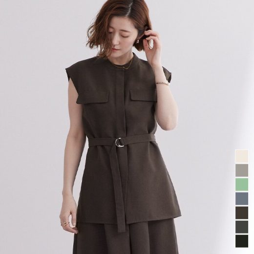 【クーポン利用で3843円】リネンライクノースリーブトップス トップス レディース シャツ ブラウス ノースリーブ バンドカラー フェイクポエット ボタン ベルト付き シンプル セットアップ【メール便可／100】