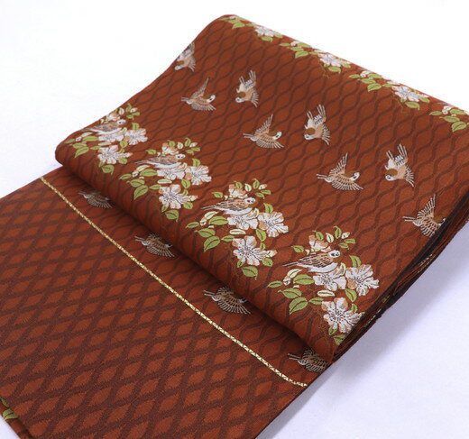 【かわいい雀柄】袋帯　新品◇未仕立て◆正絹◇赤茶色地　雀柄　鳥【1893　(株)京藝】