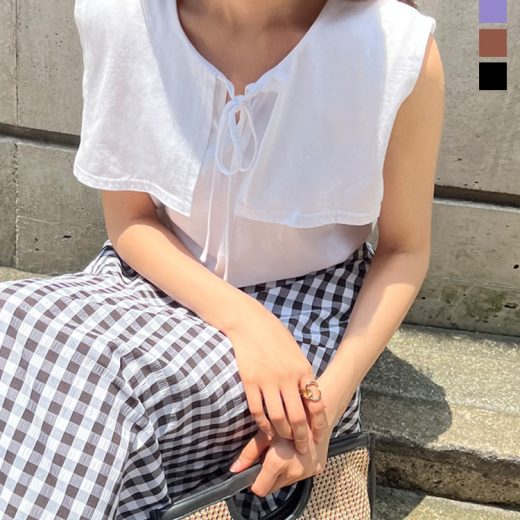 前後2way 襟付きカットソー レディース シャツ おしゃれ 重ね着 トップス Tシャツ 襟 セーラーカラー リボン コットン 綿 着回し ガーリー 大人 トレンド 体型カバー 夏 黒 白 ノースリーブ インナー デイリー コットン100 綿100 20代 ママ [C6325]