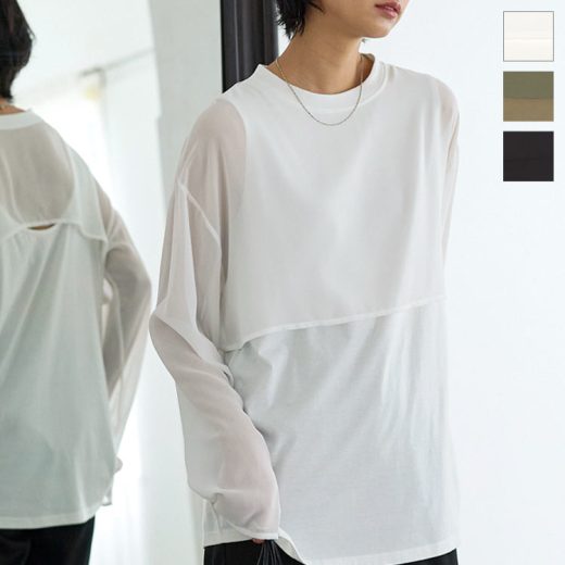 シアースリーブバックシャンレイヤード風トップス [C6597] レディース ロンT ロングTシャツ 長袖 透け 短丈 クロップド ショート丈 肌見せ 春 秋 シフォン トランスペアレント トレンド お洒落 黒【送料無料】【メール便】