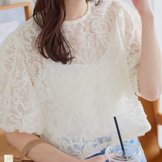 花柄レースプルオーバー [C6996] レディース シアー 半袖 トップス 夏 春 ショート丈 ミニ丈 透け トレンド 2024SS フェミニン 20代 30代 40代 ブラウス Uネック 丸首 きれいめ Tシャツ カットソー【送料無料】