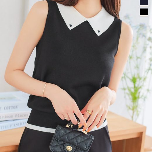 ≪6/24 24Hセール1790円 送料無料≫ ハート刺繍 ノースリーブ ニット レディース トップス ノースリ ハート ノースリニット 襟 ポロシャツ ポロニット プレッピー クラシカル ハートニット ハートトップス ハートボタン バイカラー 配色 夏 骨格ウェーブ [C7218]【送料無料】