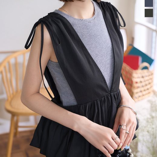 ≪6/18 新発売!!2990円 送料無料≫ ビスチェ トップス レディース バルーン 夏 レイヤード 春夏 ベスト ジレ [C7501] 20代 30代 40代 ノースリーブ Vネック リボン ペプラムトップス きれいめ フェミニン 黒 白 紺 重ね着 体型カバー 大人可愛い おしゃれ【送料無料】