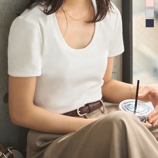 Tシャツ 深Uネック 半袖 半袖T 半袖Tシャツ [C7518] レディース 20代 30代 40代 カットソー コンパクト ベーシック シンプル 無地 白 紺色 紺 灰色 アイボリー ホワイト オフホワイト ピンク グレー ネイビー 華奢見え 夏 春 夏服 着回し 骨格ストレート 【送料無料】