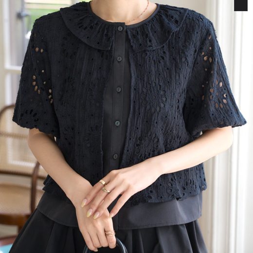 ≪6/19 新発売!!3490円 送料無料≫ ブラウス レディース 夏 半袖 5分袖 おしゃれ フェイクレイヤード レース トップス 春夏 [C7534] 20代 30代 40代 コットン レース ガーリー ボヘミアン レイヤード 重ね着 ブラウス シャツ 丸首 丸襟 ボタン ゴム【送料無料】【メール便】
