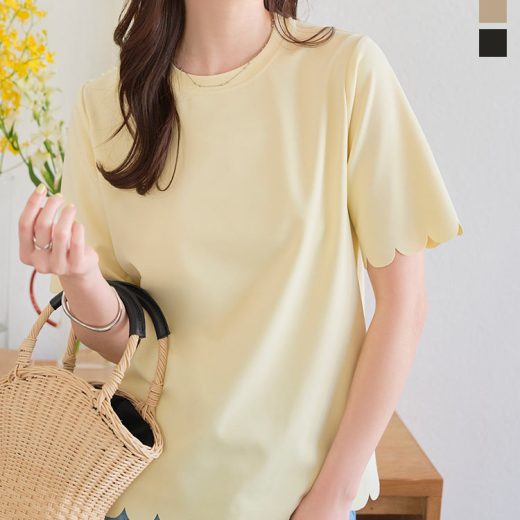 ≪6/17 新発売!!2490円 送料無料≫ Tシャツ 半袖 半袖Tシャツ [C7539] レディース 20代 30代 40代 50代 Tシャツ トップス プルオーバー ブラウス スカラップ ショートスリーブ 春夏 インナー 着映え 体形カバー 体型カバー 細見え 着痩せ クルーネック 黄色【送料無料】