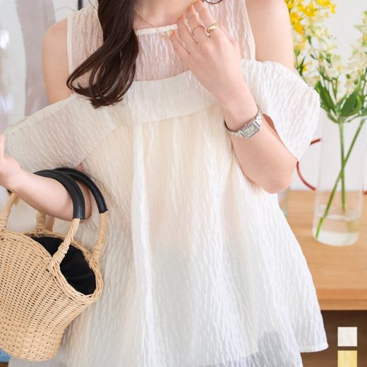 ≪6/22 新発売!!3990円 送料無料≫ トップス シアー レディース 夏 ブラウス ジャガード カットアウト [C7544] 20代 30代 40代 肩出し シアージャガード 裏地 肩開き シアートップス シアーブラウス ペプラムトップス Aライン オープンショルダー【送料無料】