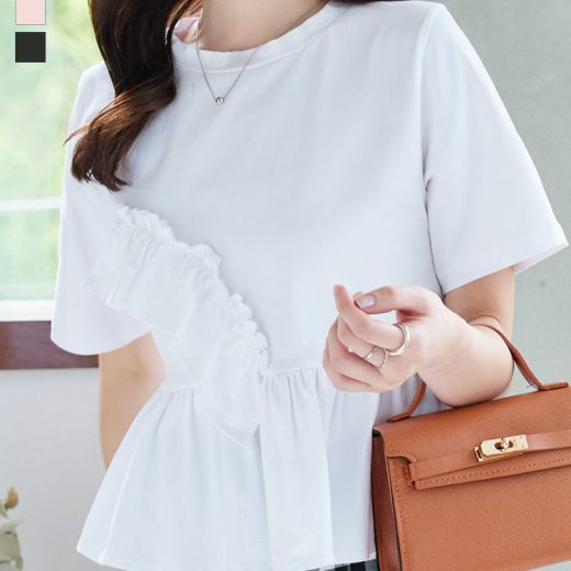 ≪6/20 新発売!!2290円 送料無料≫ トップス 半袖 半袖T ペプラム Tシャツ [C7557] レディース 20代 30代 40代 フリル ショート丈 ブラウス クルーネック ウエスト切替 ギャザーフリル おしゃれ トレンド 流行 大人可愛い コーデ 服装 春夏 夏服【送料無料】【メール便】