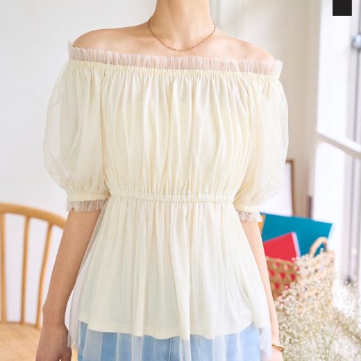 ≪6/24 新発売!!3300円 送料無料≫ 2way オフショル チュール ブラウス [C7578] レディース 20代 30代 40代 オフショルダー シャツ トップス ガーリー アイボリー ベージュ ブラック 黒 ゴム ギャザー ウエストゴム きれいめ フリル 可愛い ママ ナチュラル【送料無料】