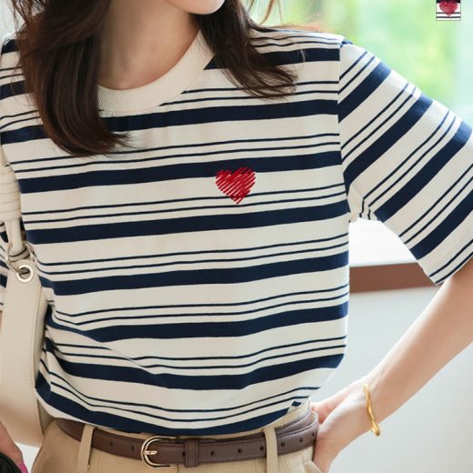≪6/17 新発売!!1990円 送料無料≫ ハート Tシャツ 半袖 [C7579] レディース 20代 30代 40代 トップス ボーダー 刺繍 カットソー 綿 コットン ランダムボーダー ストライプ ロゴ ワンポイント リブ オーバーサイズ 体型カバーゆったり カジュアル【送料無料】【メール便】