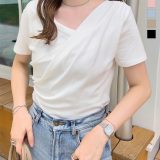 ≪6/30 大人気商品!!2390円≫ Tシャツ 半袖 半袖Tシャツ トップス [C7597] レディース 20代 30代 40代 Tシャツ ティーシャツ 白tシャツ 夏トップス ドレープ アシメ 深Uネック ギャザー フィット 無地 骨スト 骨ストレート Lサイズ インナー【送料無料】【メール便】