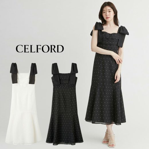 (20日限定ポイント最大10倍)セルフォード CELFORD×MIKA ショルダーリボンワンピース cwfo254001 レディース ロングワンピ 大人上品 スクエアネック ヘッドアクセサリー フレア 2025秋 セレクトショップムー【P10】