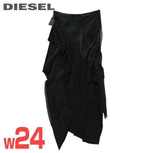 【30%OFFクーポンあり】★DIESEL ディーゼル レディース★シルク切替 カットオフ 切りっぱなし アシンメトリー ティアードスカート【O-ARDESIA】【W24】【ブラック】die-l-s-f4-63d 《メーカー希望小売価格60,500円》