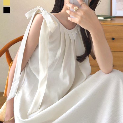 ≪6/20 新発売!!3990円 送料無料≫ ワンピース ワンピ ノースリーブ [E3515] レディース 20代 30代 40代 リネンタッチ リボン 肩リボン マキシワンピース ロングワンピース リゾート バックシャン 旅行 ホワイト 白 イエロー バックオープン 可愛い 大人可愛い【送料無料】