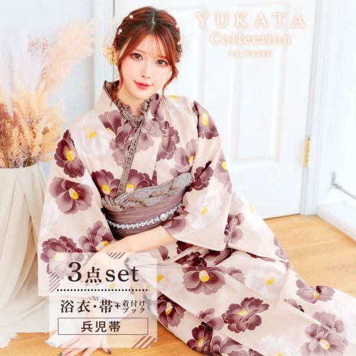 [3点SET]フェミニン椿柄浴衣【2025年再入荷YUKATA by dazzy】[ 浴衣 セット レディース 椿 柄 淡色 夏 大輪 牡丹 花柄 和装 レトロ 可愛い 赤 浴衣 セット 帯 ゆかた 縁日 祭り 花火大会 20代 30代 40代 デイジーストア dazzy]