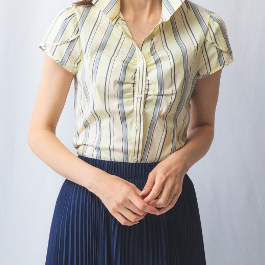 【SALE／50%OFF】NARACAMICIE ランダムストライプスタンドフロントギャザー半袖シャツ ナラカミーチェ トップス シャツ・ブラウス ブルー イエロー【送料無料】