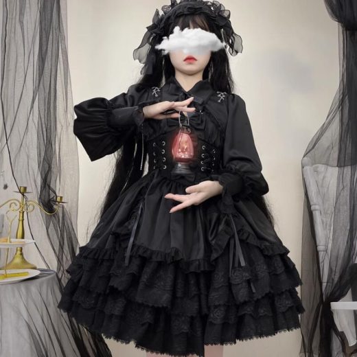 新発/数量限定/Lolita系/opワンピース　jsk　日常　写真　舞台　変装/ロリータ トップス 萌え レディース ゴスロリ ロリータファッション　変装　トップス 吊りスカート花嫁洋服　ティアードスカート　ハロウィン　ハロウィーン Halloween　十字架　黒系