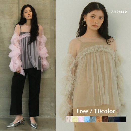 【公式】 ANDRESD アンドレスド 【 decorative tulle tops 】結婚式 チュール トップス チュールトップス ブラウス シアーブラウス トップス 長袖 オケージョン パーティー 体型カバー 着痩せ