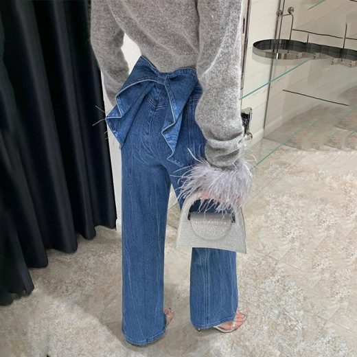 バックリボンハイウエストデニムワイドパンツ バックリボン ワイドデニムパンツ ストレートジンズ デニム ジーンズ ボトムス レディース 上品 大人カジュアル かわいい オシャレ a4849