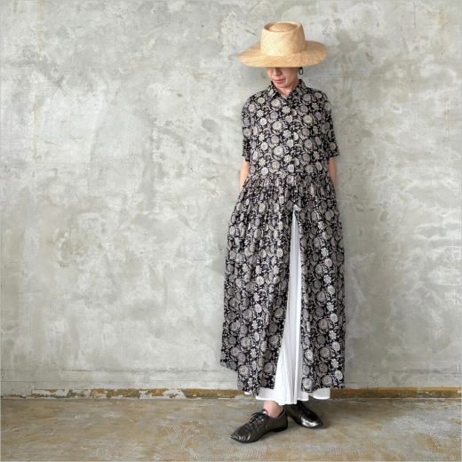 SOIL [ソイル] 80sボイルツートーンフラワープリント レギュラーカラーショートスリーブドレス レディース NSL25084 beige × brown/black × beige