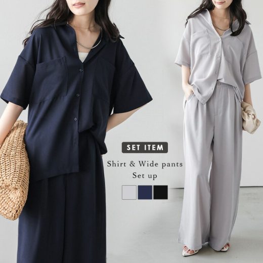 【半額クーポン対象】シャツ ワイドパンツ セットアップ ドロップショルダー タック リラクシー レディース 2025春夏新作 【lssess25-1149】【予約販売：6月26日入荷予定順次発送】【送料無料】メ込3