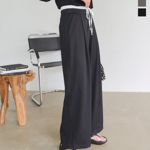 ダブルウエスト タックワイドパンツ レディース ワイドパンツ タックパンツ スラックス プチ 低身長 小柄 短め ゆったり グレー 黒 パンツ カジュアル トレンド 韓国 リボン バイカラー ゴム イージーパンツ インナー ずぼん ズボン ポケット 20代 30代 40代 [M4115]