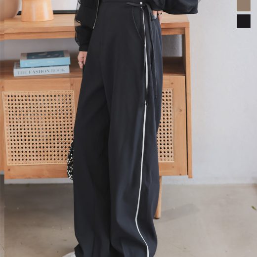 パンツ サイドライン カーブパンツ [M4122] レディース バレルレッグ コクーンパンツ サイドライン バイカラー リボン ワイドパンツ フリー ブラウン 20代 30代 40代 50代 パイピング 配色 リボンパンツ センタープレス バックゴム ウエストゴム ポケット 前開き