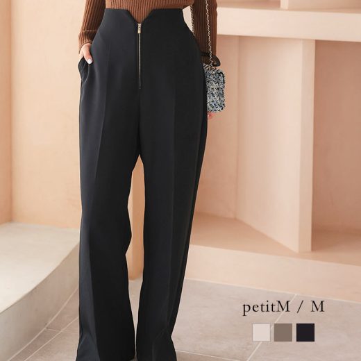 フロントジップ ワイドパンツ [M4161] レディース 20代 30代 40代 スラックス パンツ ロングパンツ センタープレス ファスナー ゴールド 無地 エクリュ アイボリー モカ ブラウン ブラック 白 茶色 黒 デザイン シンプル 上品 スタイルアップ オフィスカジュアル