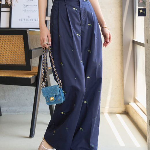≪6/24 新発売!!3990円 送料無料≫ 刺繍ワイドパンツ [M4253] レディース 20代 30代 40代 ボトム パンツ ロング丈 ワイド 刺繍 花柄 バックゴム タック ホワイト 白 グレー ネイビー 低身長 小柄 ワイドパンツ ポケット ウエストゴム 体型カバー 50代【送料無料】