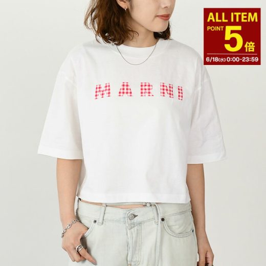 【全品P5倍】MARNI マルニ Tシャツ トップス THJE0333P6 USCX52 レディース アイボリー ホワイト ジャージーコットン チェック ロゴT クロップド丈 半袖 春夏 ビッグロゴ incpt