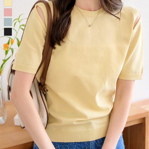≪6/3 新発売!!1990円 送料無料≫ トップス Tシャツ レディース 半袖 夏 春夏 ニット ショルダースリット サマーニット [N1187] 20代 30代 40代 クルーネック スリット コットンライク ニュアンスカラー 白 イエロー 黄色 ピンク ブルー ブラック ベーシック【送料無料】