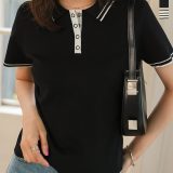 ポロ ポロニット トップス [N1193] ポロシャツ サマーニット 半袖 襟 衿 ボーダー ショート丈 コンパクト 短丈 夏トップス 配色 ライン ポロTシャツ スポーティー カジュアル シンプル Tシャツ ママ 重ね着 ざっくり ゆったり シャツ コンパクト 高見え ショート丈