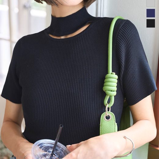 ≪6/19 新発売!!2490円 送料無料≫ モックネック 半袖ニット 半袖 トップス [N1194] サマーニット ハイネック ネックカット 夏トップス リブ ストレッチ 5分袖 フリー リブニット リブ オフィスカジュアル 上品 夏 夏服 ストレッチ 着心地抜群 着回し お出かけ【送料無料】