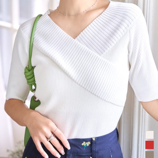 ≪6/8 新発売!!2790円 送料無料≫ トップス Vネック 半袖ニット 半袖 [N1195] レディース 20代 30代 40代 サマーニット 夏 夏服 リブ カシュクール オフショル オフショルダー 5分袖 夏トップス ストレッチ性 フィット オフィスカジュアル 上品 きれいめ 2way【送料無料】