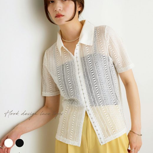 NOAHL｜《4,188円→40%0FFクーポン利用》【メール便】ホック デザイン レース トップス ブラウス レディース 襟 レーストップス 半袖 ホワイト ブラック 白 黒 ノアル 250611【予約】