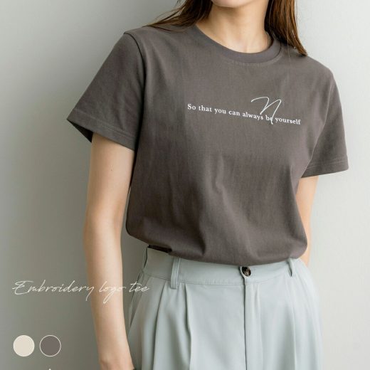 NOAHL｜《3,588円→40%0FFクーポン利用》【メール便】刺繍 ロゴ Tシャツ レディース トップス カットソー ロゴT 半袖 ジャストサイズ 無地 エクリュ チャコール 夏 ノアル 250625【予約】