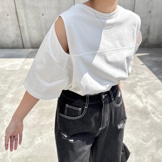 【SALE／10%OFF】andme 汗染み防止 カットアウト デザイン Tシャツ アンドミー トップス カットソー・Tシャツ ブラック ホワイト グレー ピンク ネイビー