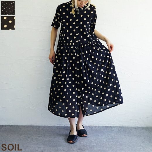 【送料無料】SOIL（ソイル) 80s COTTON VOILE DOT PRINT BANDED COLLAR S/SL DRESS