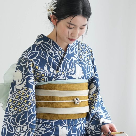utatane utatane*注染工房 日本製 浴衣3点セット 赤坂紬 青藍に南国果物 ウタタネ 着物・浴衣・和装小物 浴衣【送料無料】
