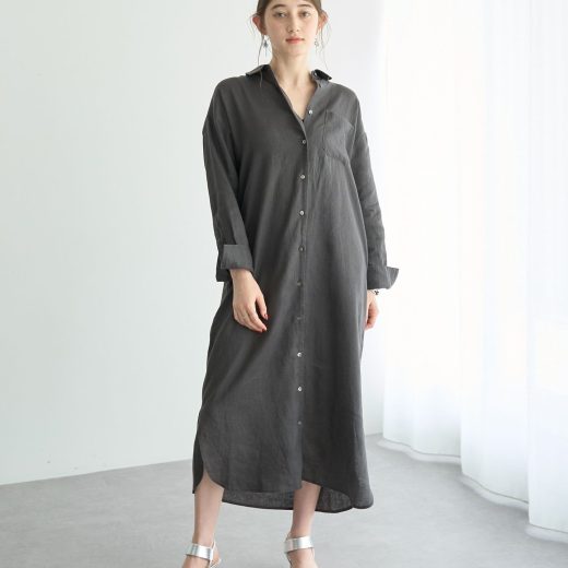 YECCA VECCA 2wayフレンチリネンロングシャツワンピース イェッカヴェッカ ワンピース・ドレス シャツワンピース グレー ベージュ グリーン パープル【送料無料】
